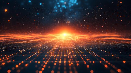 Obraz premium A stunning digital landscape featuring a vibrant sunset, illuminated by glowing particles and deep cosmic colors. Perfect for sci-fi themes.