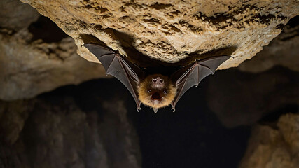 Naklejka premium Bat closeup hanging from a cave ceiling with stalactites overhead