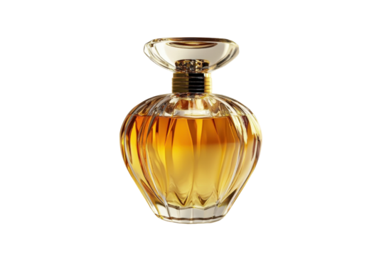Elegant glass perfume bottle with golden liquid, isolated on transparent background. Classic fragrance container for beauty and fashion imagery.