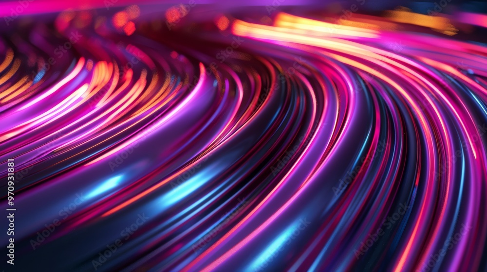 Poster 3d rendering of abstract rainbow lines on black background.