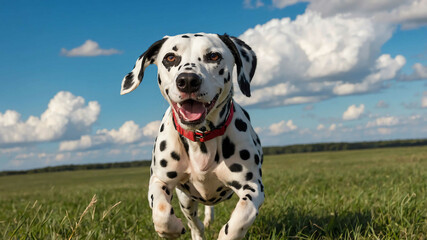 Dalmatian closeup running in an open field with blue skies and scattered clouds