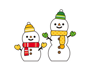かわいい2つの雪だるまのクリップアート、笑顔の雪だるまのイラスト素材＿線