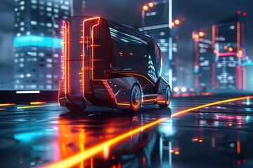 Futuristic electric vehicle on a neon-lit street, showcasing urban innovation and advanced technology in a vibrant cityscape.