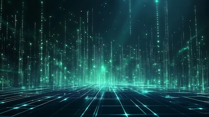 A stunning digital landscape with vibrant green light beams and a futuristic grid, perfect for technology and innovation themes.