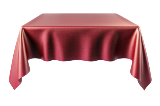 Elegant red satin tablecloth draped over a square table, creating a luxurious and sophisticated setting for dining or special occasions.