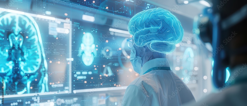 Poster innovative scientist analyzing brain data with futuristic technology in a high-tech laboratory setti
