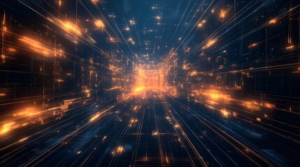 Fototapeta premium A stunning digital tunnel with glowing particles, representing speed, technology, and futuristic concepts in a vibrant blue and orange hue.