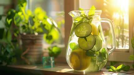 Refreshing beverage in a glass pitcher, filled with lemon, cucumber, and mint, bathed in warm sunlight, perfect for summer hydration.