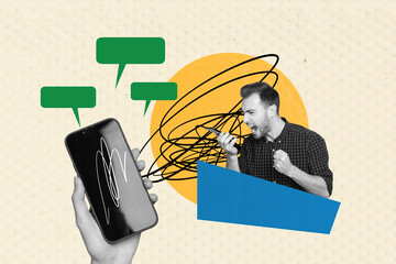 Creative collage young man scream shout telephone call smartphone screen textbox argument blame...