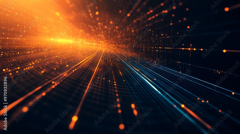 Poster a vibrant abstract background featuring dynamic lines of light in orange and blue, creating a sense 