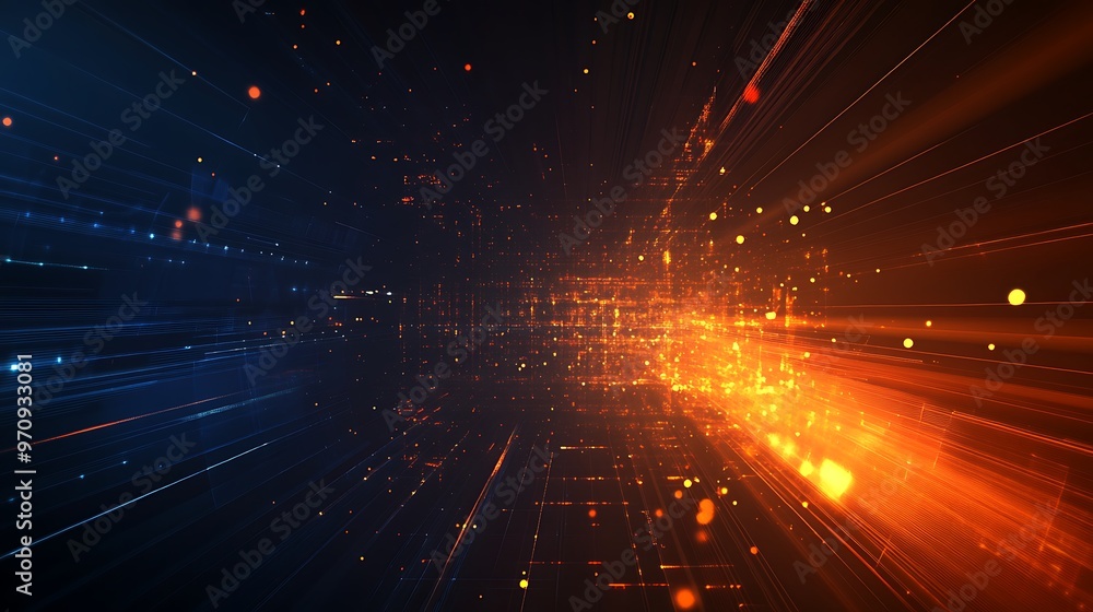 Poster a vibrant abstract graphic showcasing dynamic light trails in blue and orange, creating a stunning v