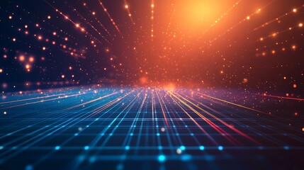 A vibrant abstract illustration with dynamic lines and glowing particles, creating a sense of depth and energy in a digital landscape.