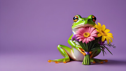 Naklejka premium Frog with flower bouquet on purple background, copy space.