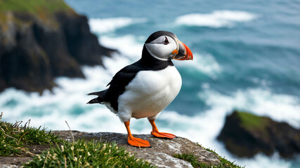 Puffin closeup standing on a cliff with ocean waves crashing below