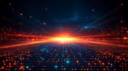 Obraz premium A vibrant digital landscape featuring glowing dots and beams of light, creating a futuristic atmosphere for various projects.