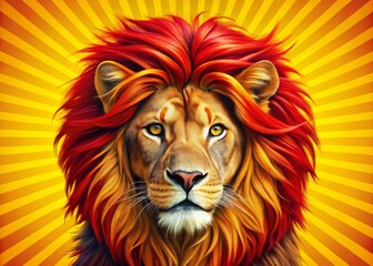 Bright yellow background, bold lines, and vibrant red hair - a stylized portrait of a regal lion with a pop art twist, a playful fusion of elegance and kitsch.