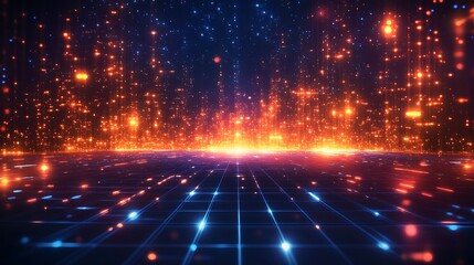 Fototapeta premium A vibrant digital landscape featuring glowing particles and a futuristic grid, perfect for technology and abstract themes.