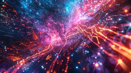 Mesmerizing Celestial Explosion of Vibrant Digital Energy   Captivating abstract digital art featuring a dynamic colorful burst of intense light and electrifying energy creating a futuristic