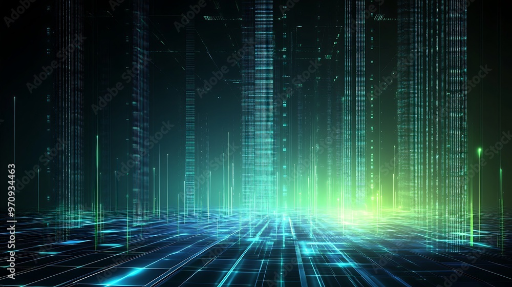 Poster a vibrant digital landscape showcasing glowing lines and data streams in a futuristic setting, perfe
