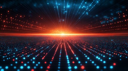 Obraz premium A vibrant visual of glowing dots in blue and red, radiating towards a bright horizon. Perfect for technology and innovation themes.