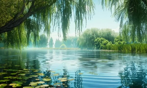 Majestic weeping willow by a serene lake, Video
