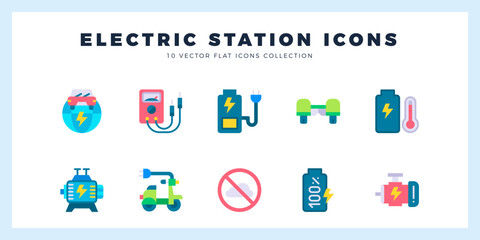 10 Electric Station Flat icons pack. vector illustration.