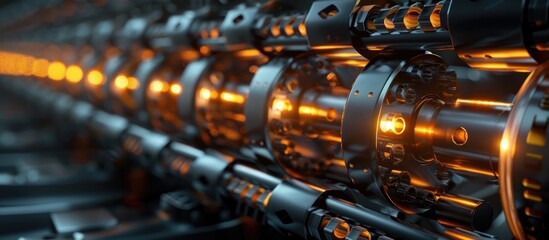 Closeup view of complex machinery and industrial equipment including gears turbines and metallic components in a modern high tech factory or manufacturing plant setting