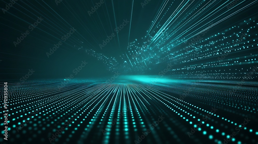 Poster abstract digital background with glowing lines and dots creating a futuristic perspective illusion i