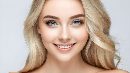 Naklejka premium Portrait of beautiful young blond woman with clean fresh skin, natural make-up and blue eyes.
