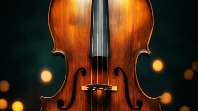 Close-up of a beautifully crafted wooden violin against a dark bokeh background, showcasing its strings and intricate details in warm lighting