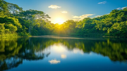 Beautiful landscape of Amazon rainforest trees reflected in river water on a sunny summer day. Concept of conservation: environment: ecology: nature: climate: biodiversity. Amazonas
