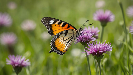 Naklejka premium Butterfly closeup landing on a flower in a vibrant spring meadow