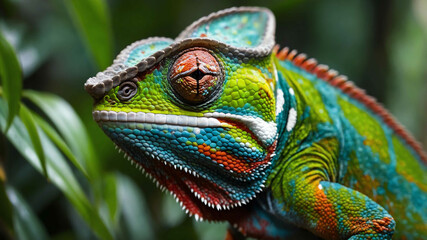 Fototapeta premium Chameleon closeup blending into a colorful rainforest environment