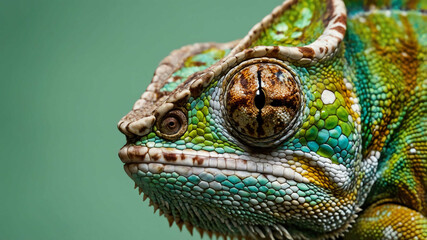 Chameleon closeup of textured skin and rotating eyes with plain background