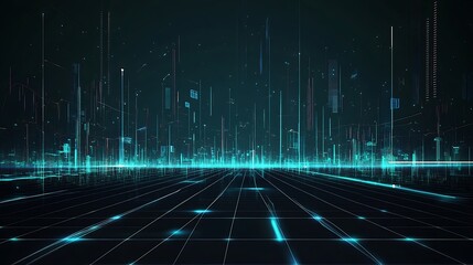 Abstract digital landscape with glowing lines and grid patterns, representing technology and futuristic concepts.