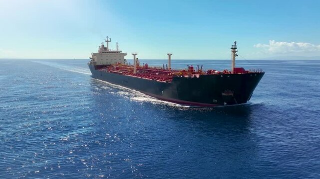 Side view tracking of a oil or chemical goods tanker traveling with speed over the ocean