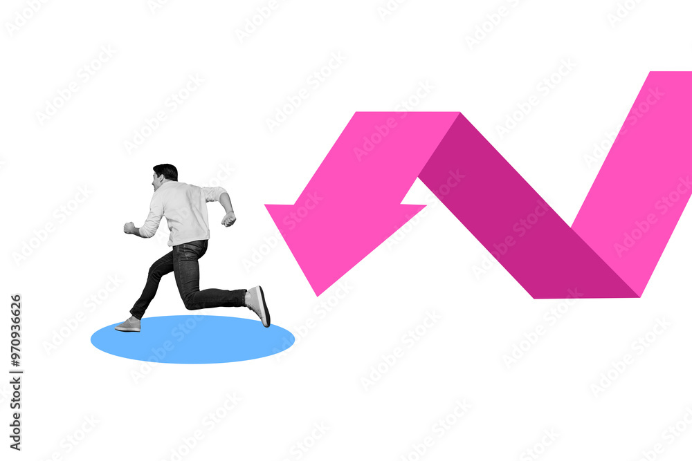 Poster vertical composite artwork collage image picture of mini guy run huge arrow pointer isolated on crea