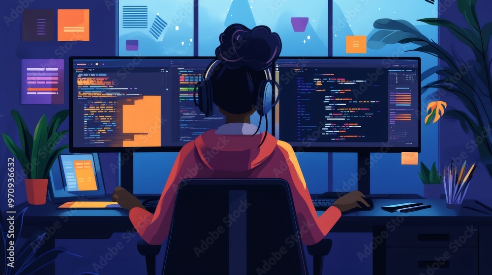 Poster a person sits in front of two monitors with code on them, working late into the night.