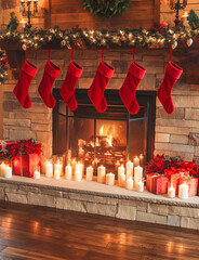 Christmas evening atmosphere, fireplace with Christmas stockings and gifts in the room