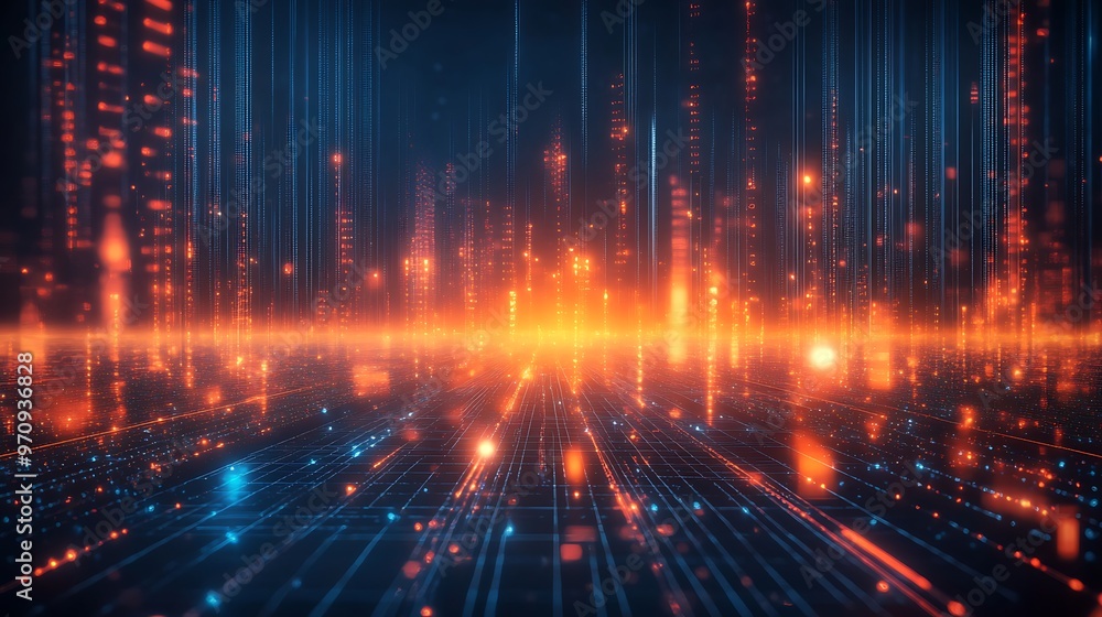 Poster abstract digital landscape with vibrant lines and glowing particles, creating a futuristic atmospher