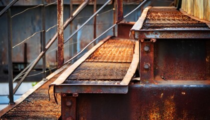 Decaying metal staircase and railing with visible corrosion and rust