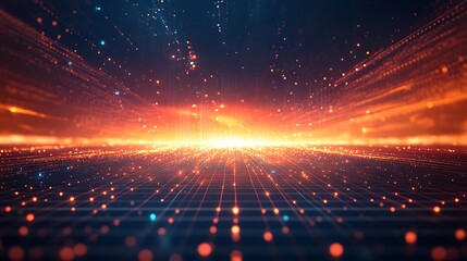 Obraz premium Abstract digital landscape with vibrant rays and particles, creating a futuristic and mesmerizing visual effect.