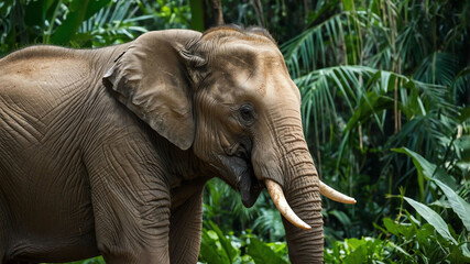 Naklejka premium Elephant closeup with lush jungle greenery in the background