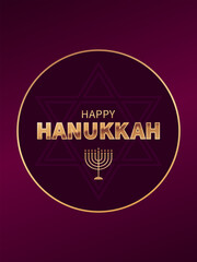 Golden text Happy Hanukkah and candelabrum on the background of star of David with purple frame. Festive design for greeting card, poster or banner for Jewish celebration Hanukkah.