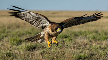 Fototapeta premium Falcon closeup diving toward prey over open grasslands
