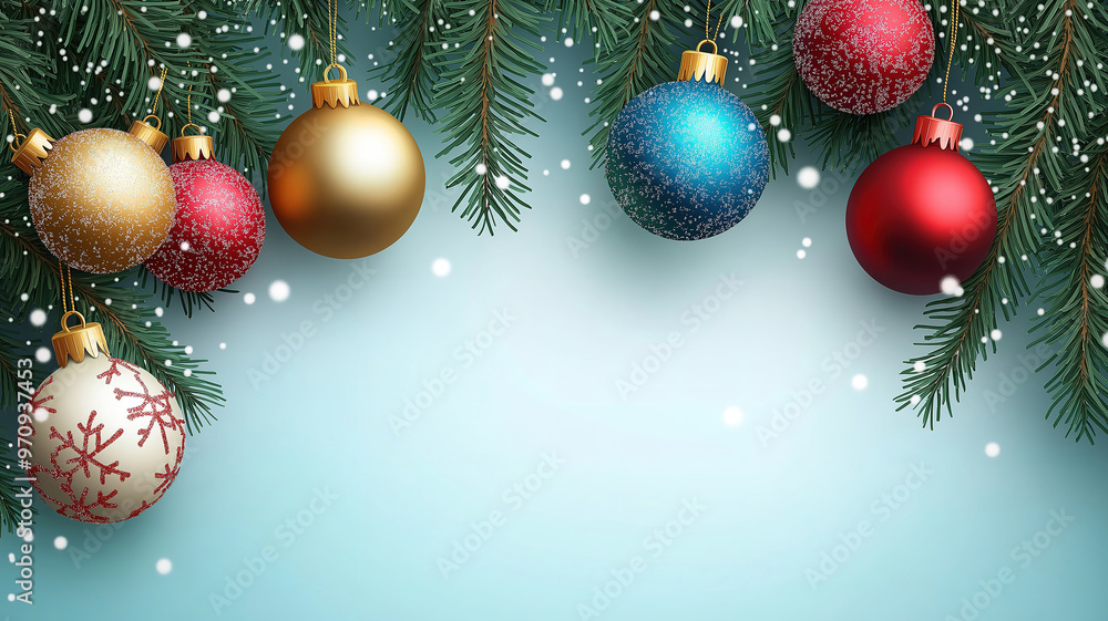 Wall mural Festive Poster with Shiny Christmas and New Year Decorations, Fir Branches, and Balls