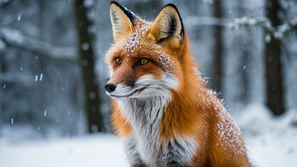 Obraz premium Fox closeup standing in a snowy forest with snow covered trees around