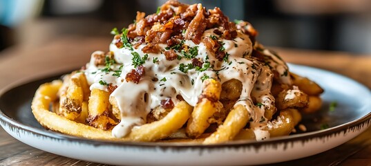 A plate of loaded curly fries topped with cheese sauce and crispy bacon bits