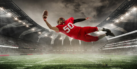 Player dives forward, fully stretched, as he reaches out to catch ball against background of stadium full of energetic spectators. 3D render of stadium. Concept of sport, tournament, competition, game