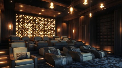 An elegant private home theater featuring contemporary interior design with comfortable tiered seating: striking hanging lights: and geometric wall patterns.